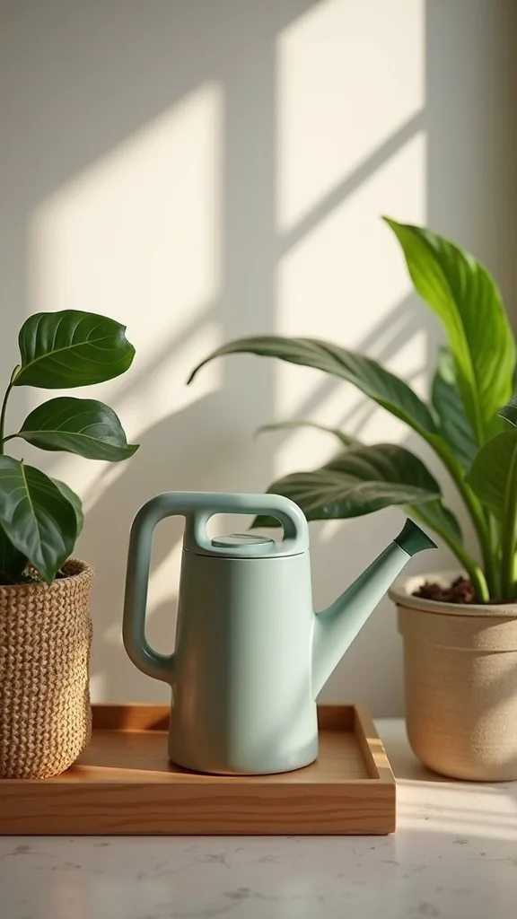Make watering easy with a slim watering can and a tray system