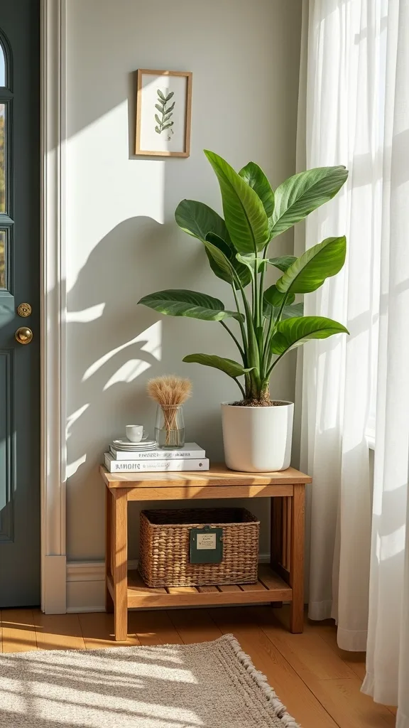 Add a compact outdoor storage bench (or crate) as a plant stand