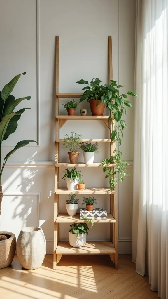 Try a vertical ladder shelf for plants and balcony decor