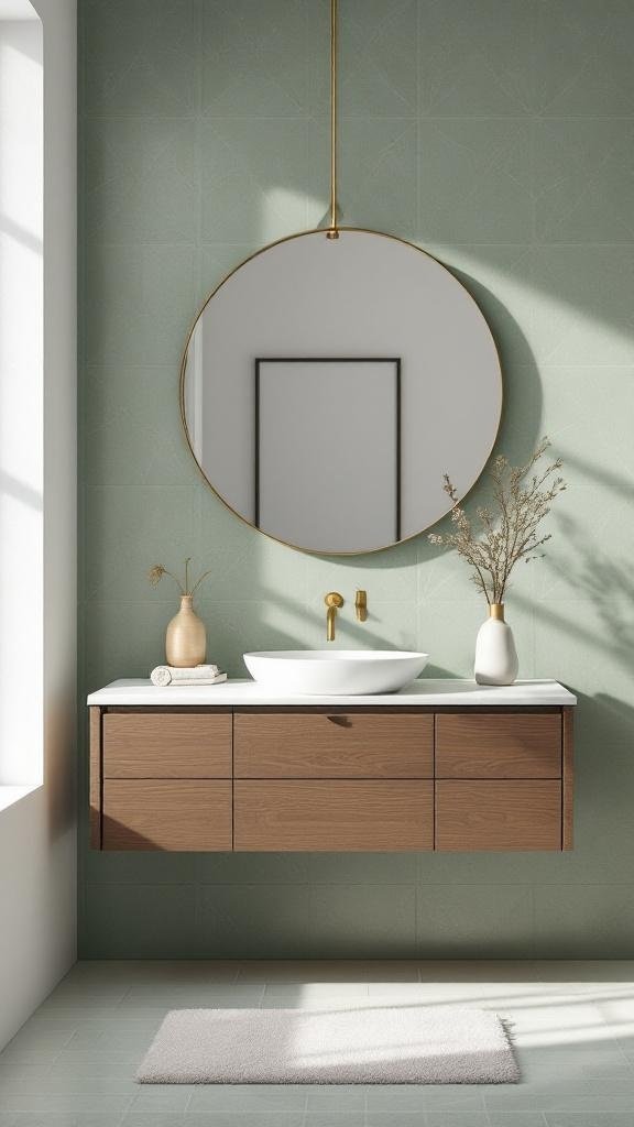 Sage-Green Handmade Zellige Behind a Floating Vanity + Warm Brass