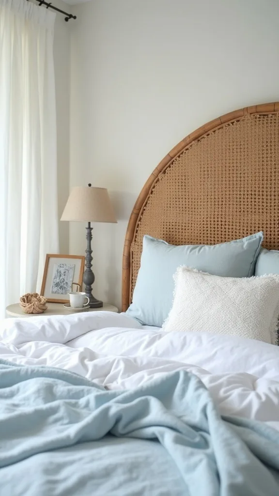 Start with the hero combo: round rattan headboard + waffle-knit linen + driftwood + sea glass