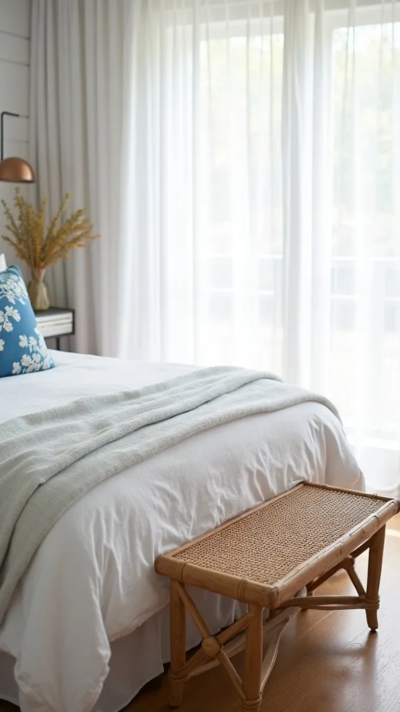 Use a rattan or woven bench at the foot of the bed