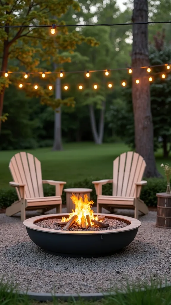 In-Ground Circular Fire Pit + Adirondacks + String Lights on Gravel