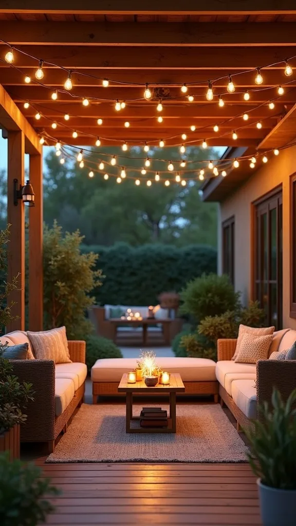 Use String Lights in a “Ceiling” Pattern for Instant Outdoor Room Vibes