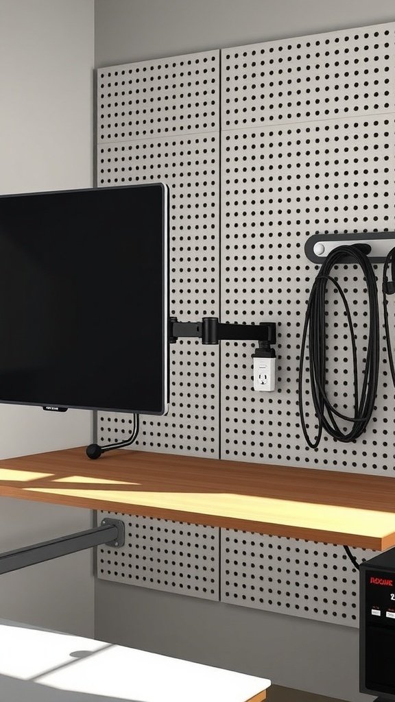 Build a pegboard desk wall with a monitor arm, cable tray, and smart outlet strip