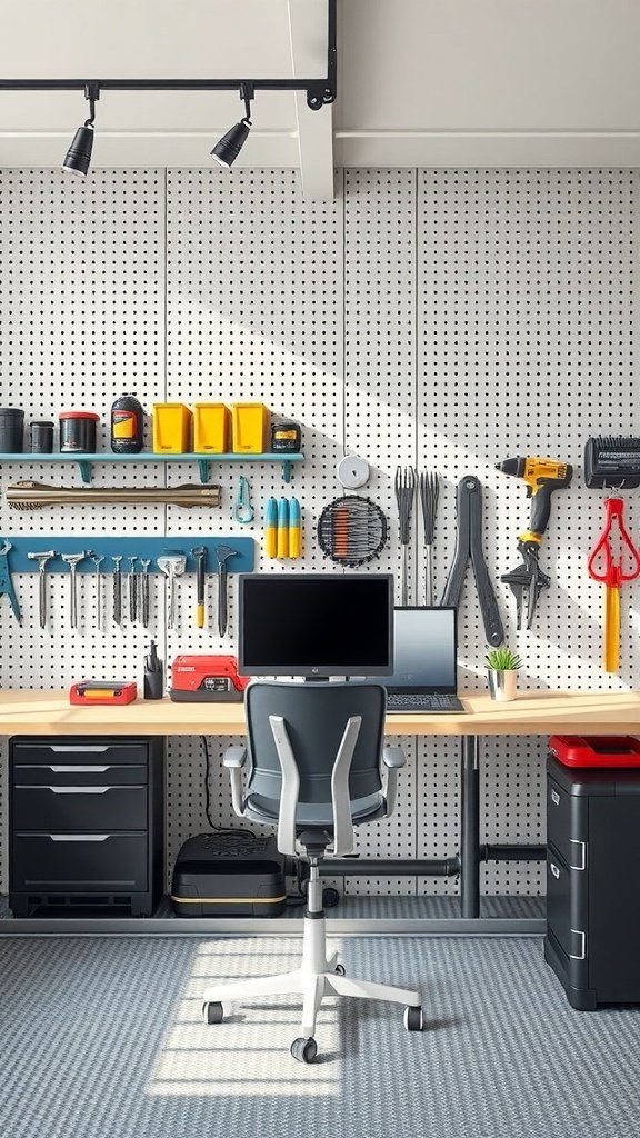 Color-code pegboard zones for tools vs. office supplies