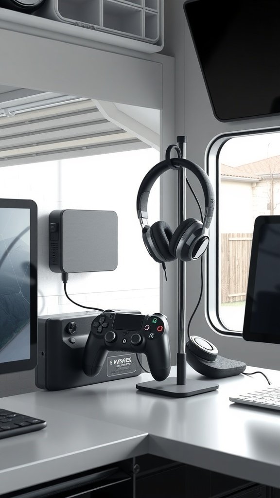 Mount a headphone hook and controller dock to clear the desktop