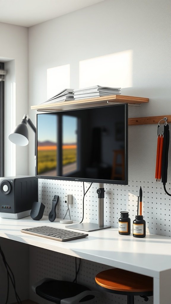 Mount a small shelf above the monitor for paper-free reference
