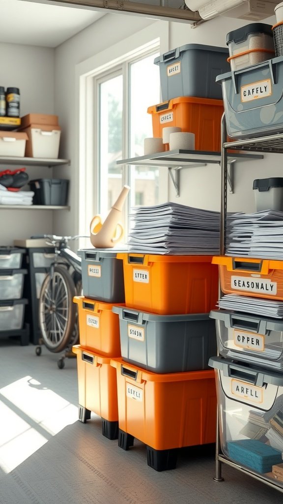 Use labeled, stackable bins for seasonal paperwork and supplies