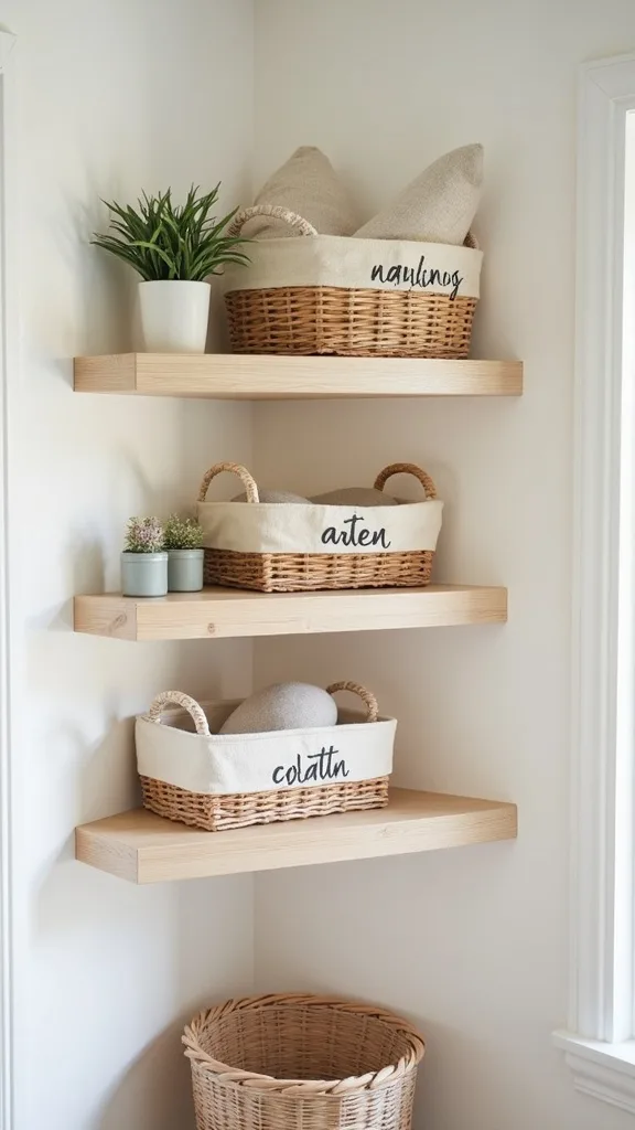 Wall-Mounted Laminate Shelves + Wicker Baskets With Cotton Labels