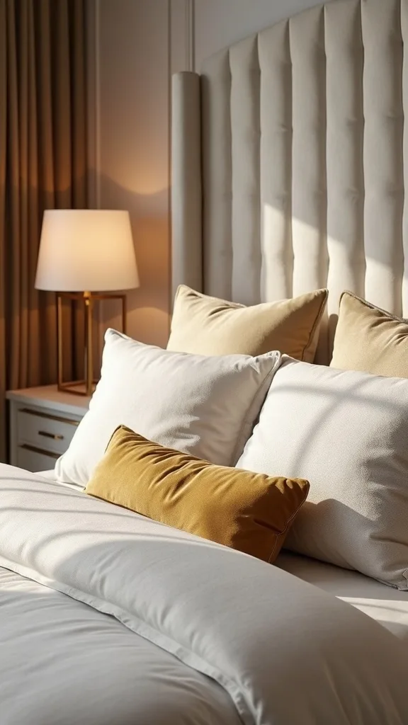 Boucle Panel Headboard + Layered Gold Cushions + Matching Lamps