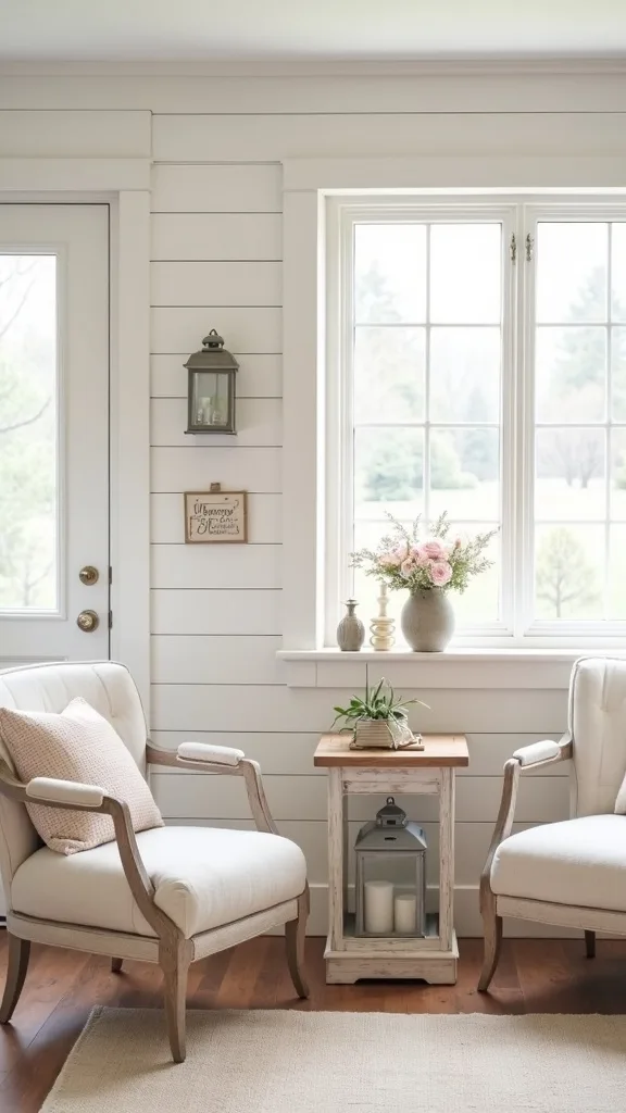 Start with the signature spring setup: warm white shiplap + linen + lanterns + buffalo check