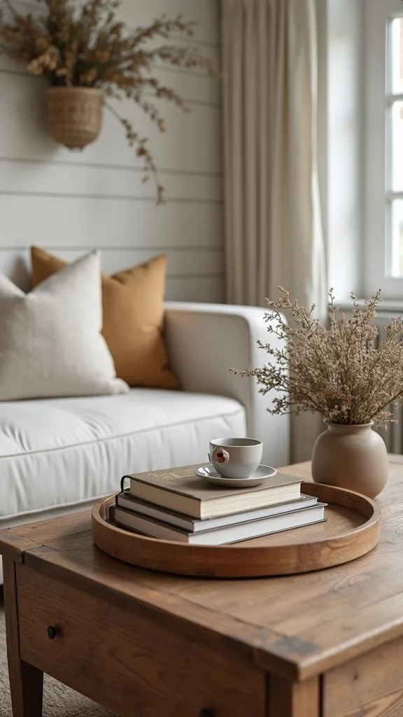 Create a coffee table moment with a tray, books, and something living