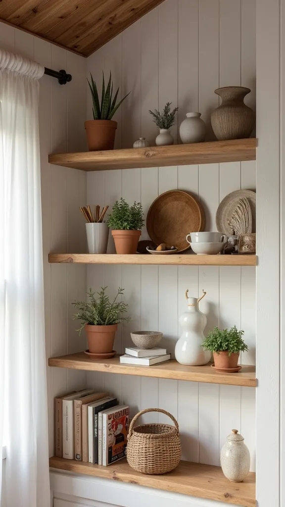Style open shelving with a “three textures” rule