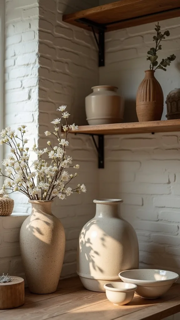 Add a touch of rustic stoneware and pottery for lived-in charm