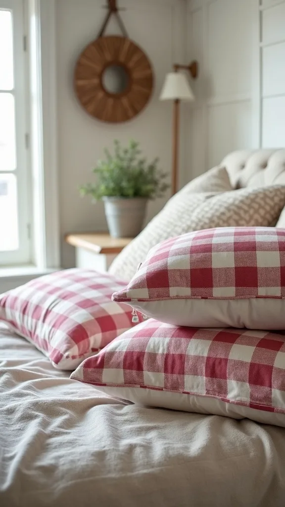 Layer buffalo check pillows so they feel fresh, not country-cute