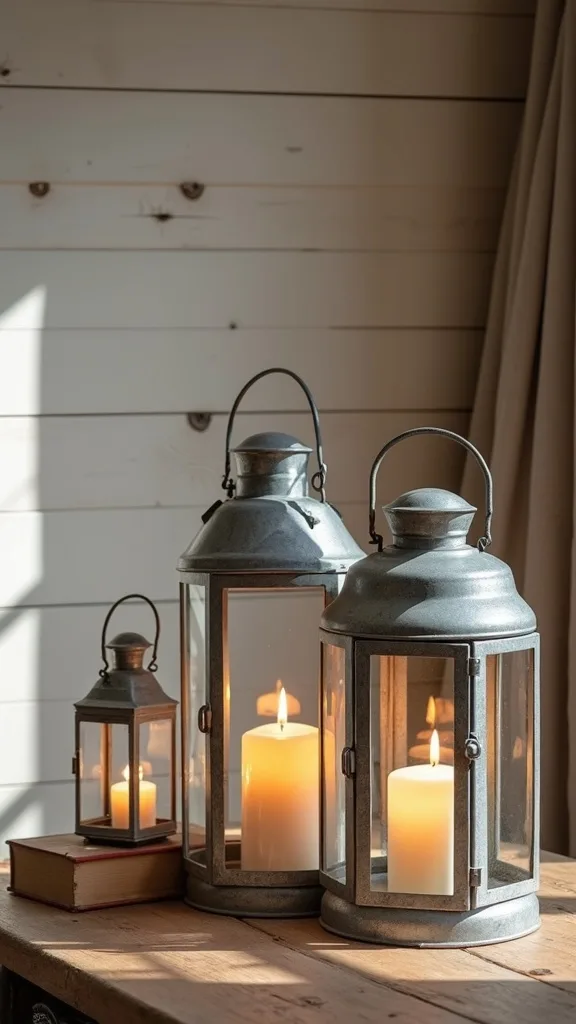 Use galvanized metal lanterns as your cozy, rustic focal point