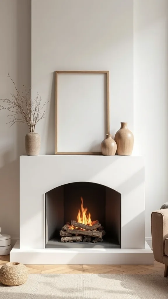 Use a Minimal Fireplace Mantel Styling (Even If It’s Faux)