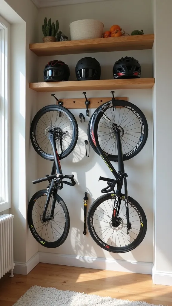3-Bike Vertical Hook Wall + Helmet Shelf + Pegboard (Zero Floor Footprint)