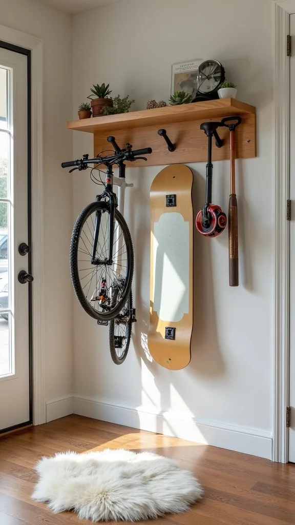 Skateboard, Scooter, and Bat Rack Using Multi-Prong Hooks