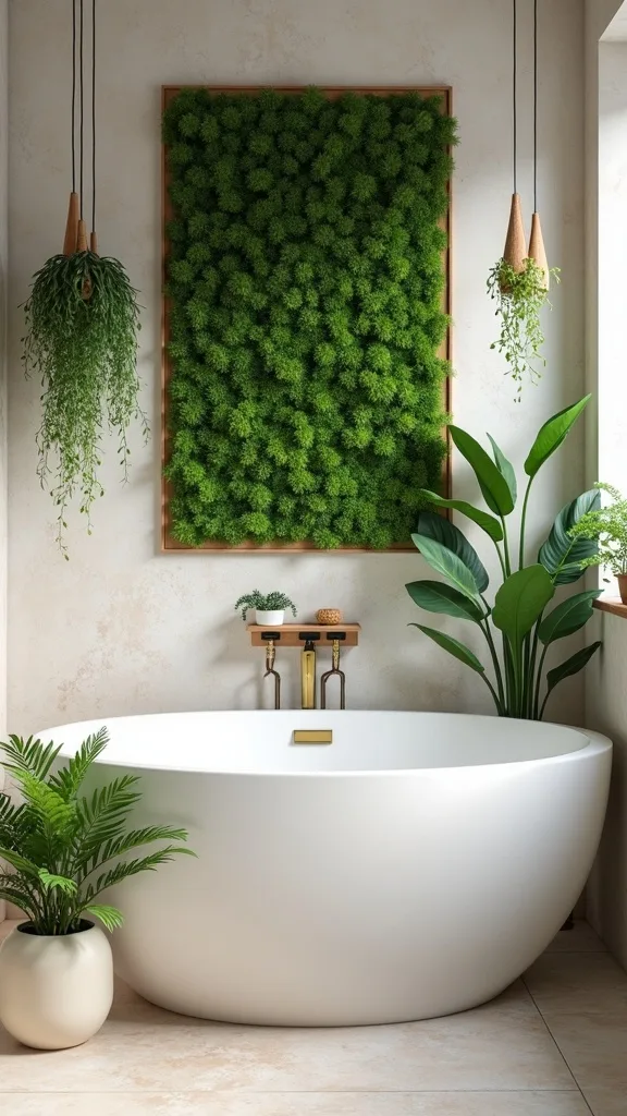 Hanging Pothos + Shelf Ferns + a Live Moss Wall Panel Moment