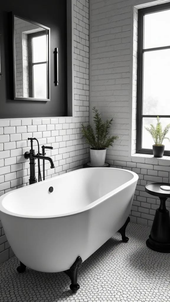 Start with the signature mix: matte black + white subway + dark grout + hex tile + chrome