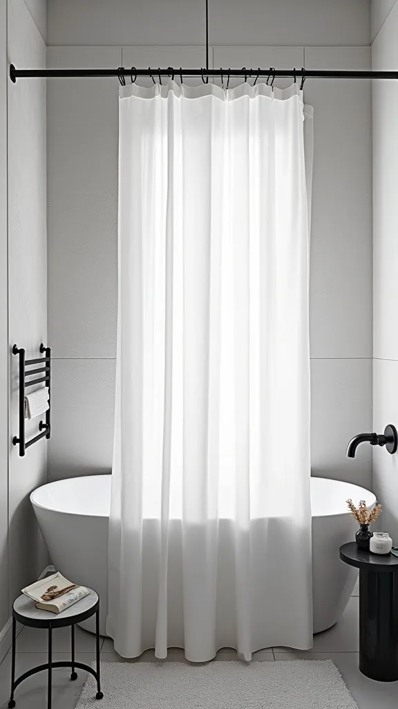 Choose a shower curtain that reads graphic, not busy