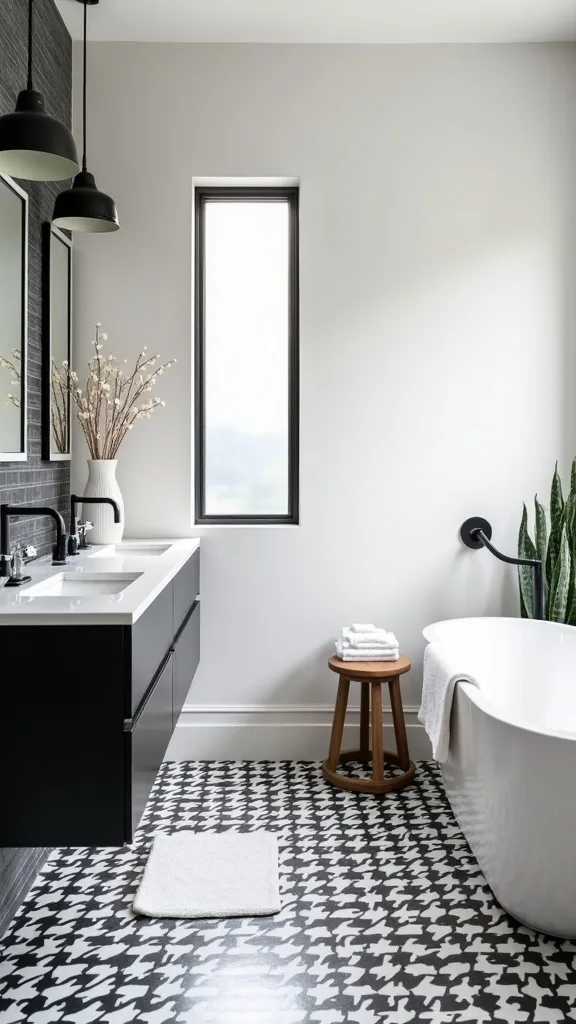 Use a black-and-white striped runner to elongate a small bathroom