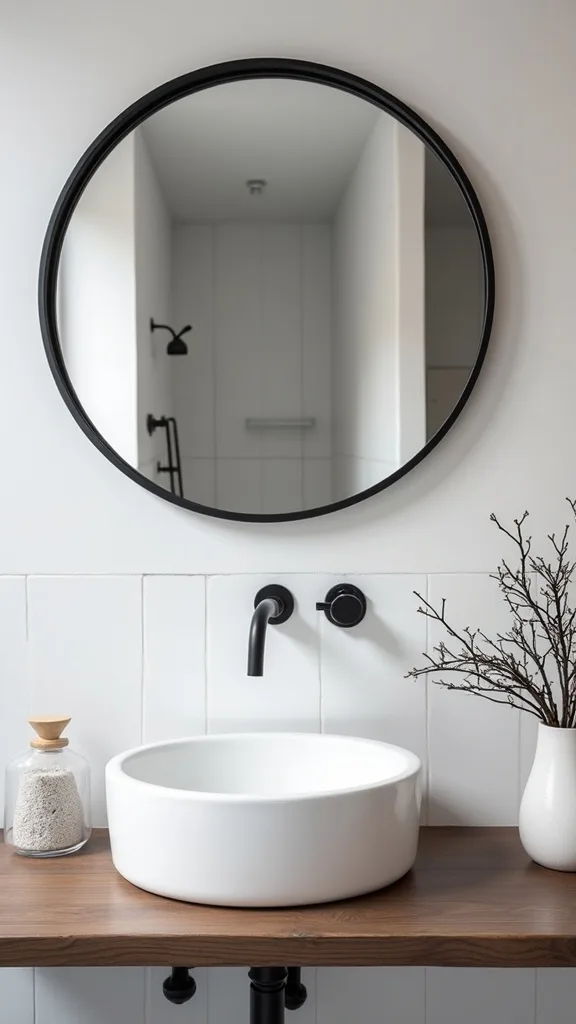 Try a black-framed mirror to sharpen the vanity wall