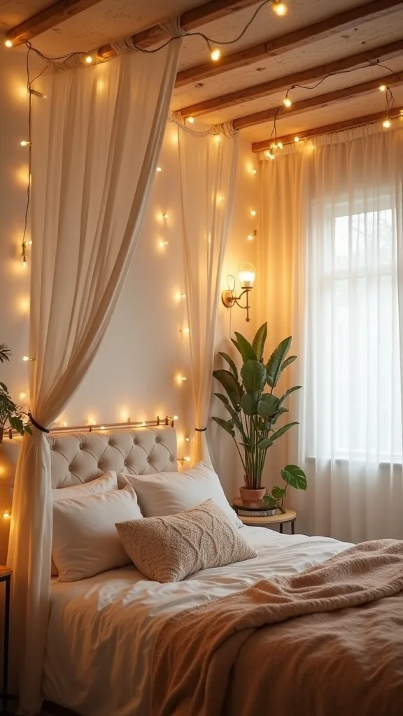 Ceiling-mounted wood dowels with sheer linen drapes and warm LED fairy light canopy