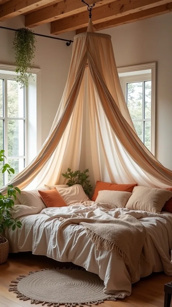 Corner canopy with a single ceiling hook for a reading-nook vibe