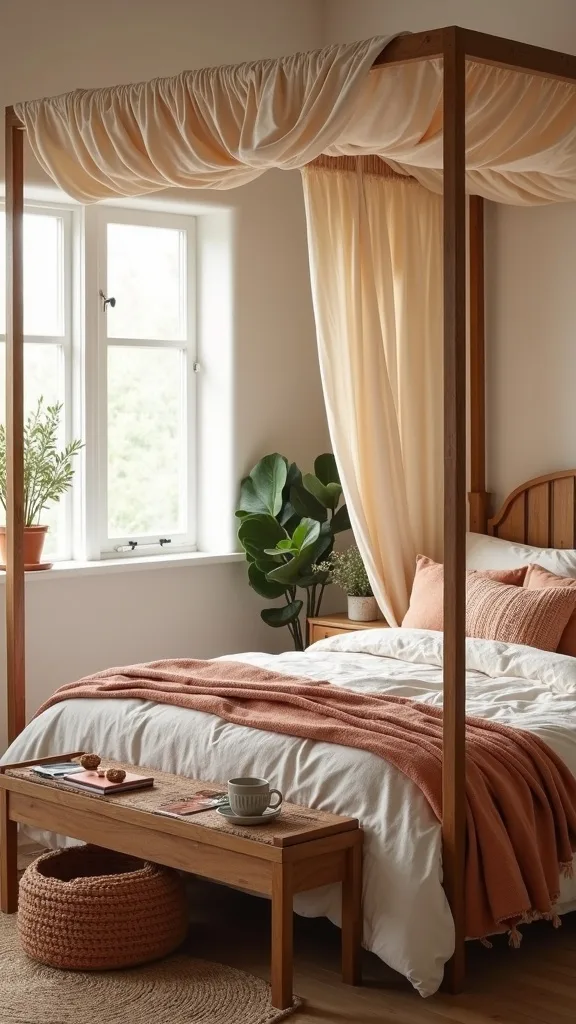 Earthy palette canopy styling (sand, clay, and warm white)