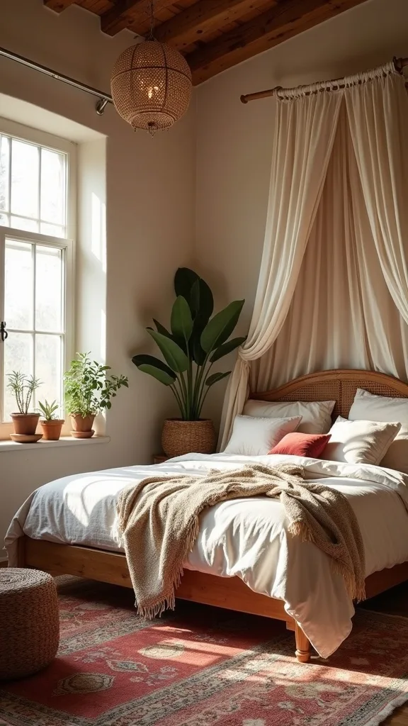 Canopy + layered rugs to make the bed area feel like a retreat