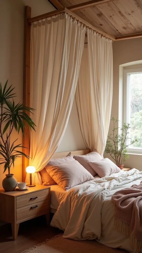 Nightstand styling that matches the canopy (wood + linen + glow)