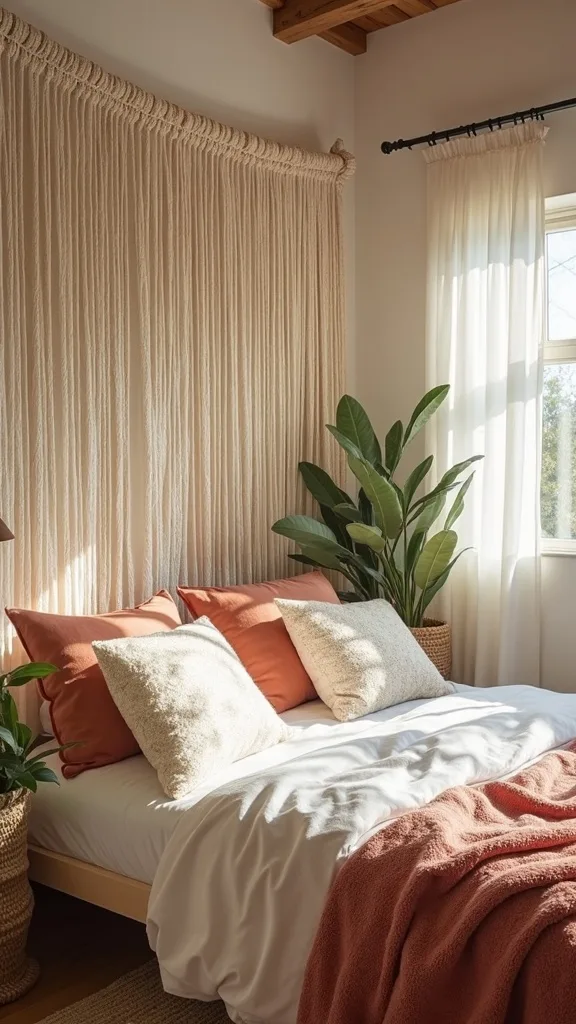 Macramé canopy panel as a boho headboard moment