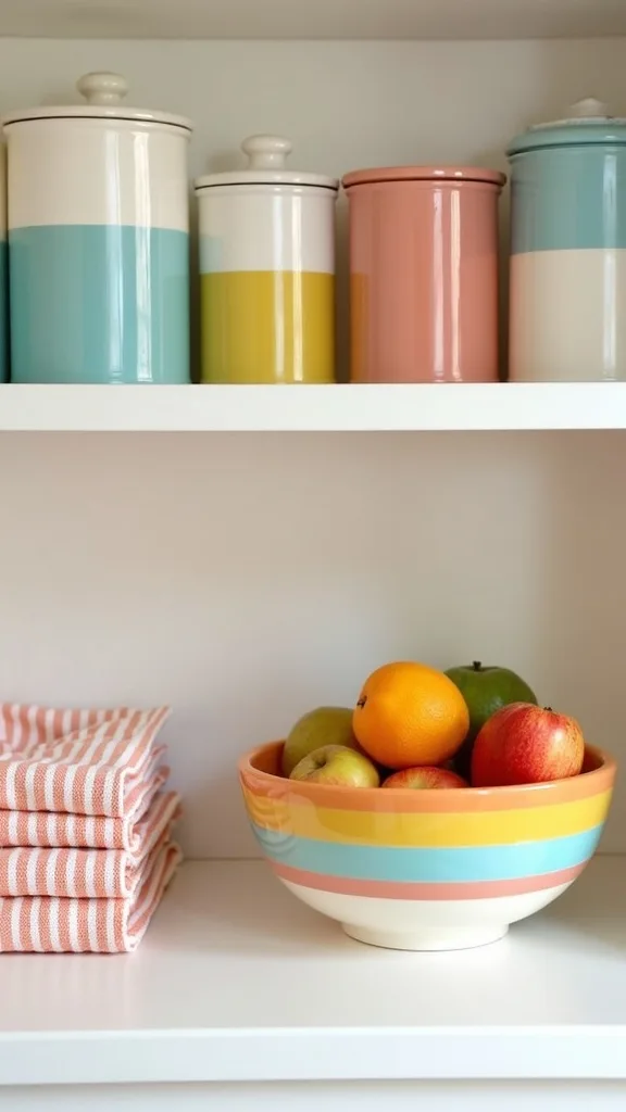 Build One Open-Shelf Moment: Color-Blocked Canisters + Striped Towels + a Rainbow Fruit Bowl