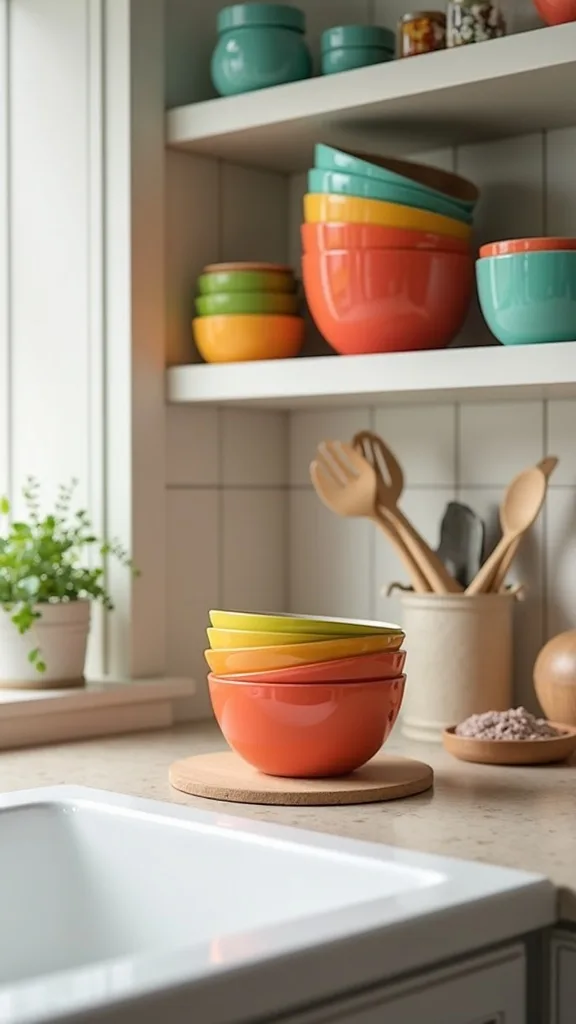 Add Color with Stackable Mixing Bowls on Open Storage