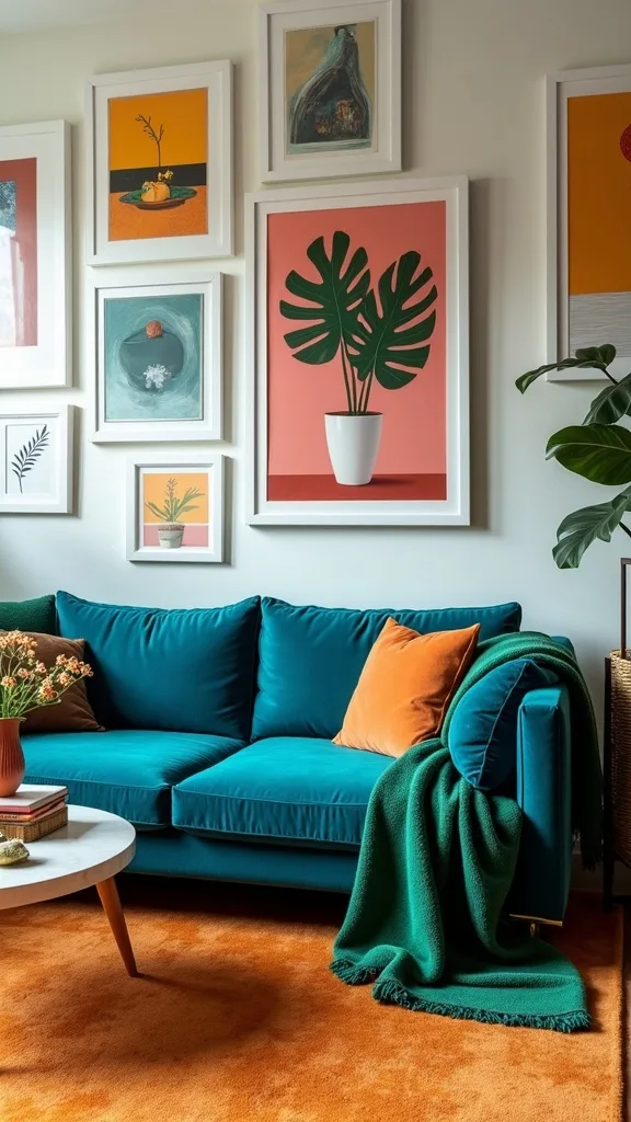 Build the room around a cobalt velvet sofa, emerald throw, ochre rug, and mixed-frame gallery wall