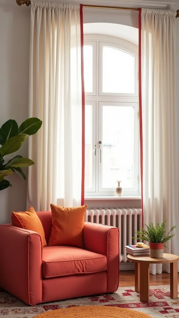 Use curtains as a colour block: warm white fabric with a bold trim
