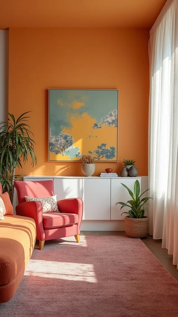 Anchor bold walls with a warm neutral paint (or removable wallpaper)