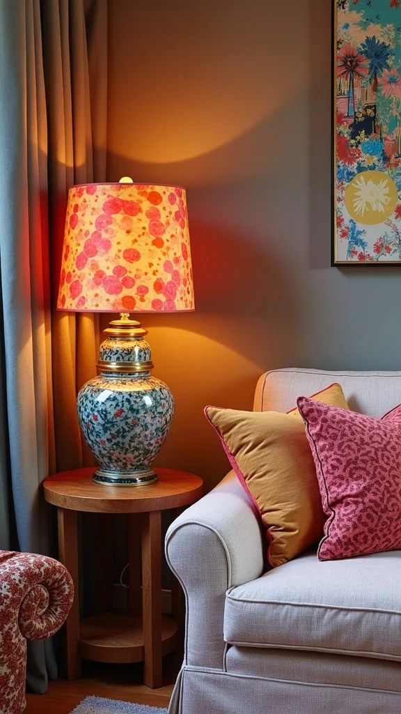 Use a bold lamp shade to introduce pattern without changing furniture