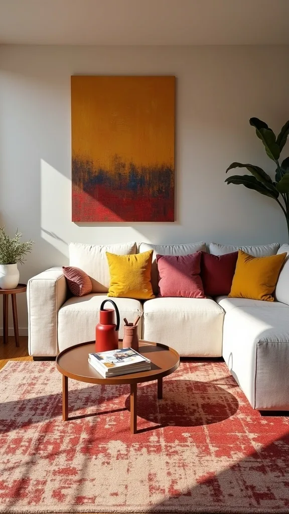 Layer rugs: a neutral base plus an ochre statement topper