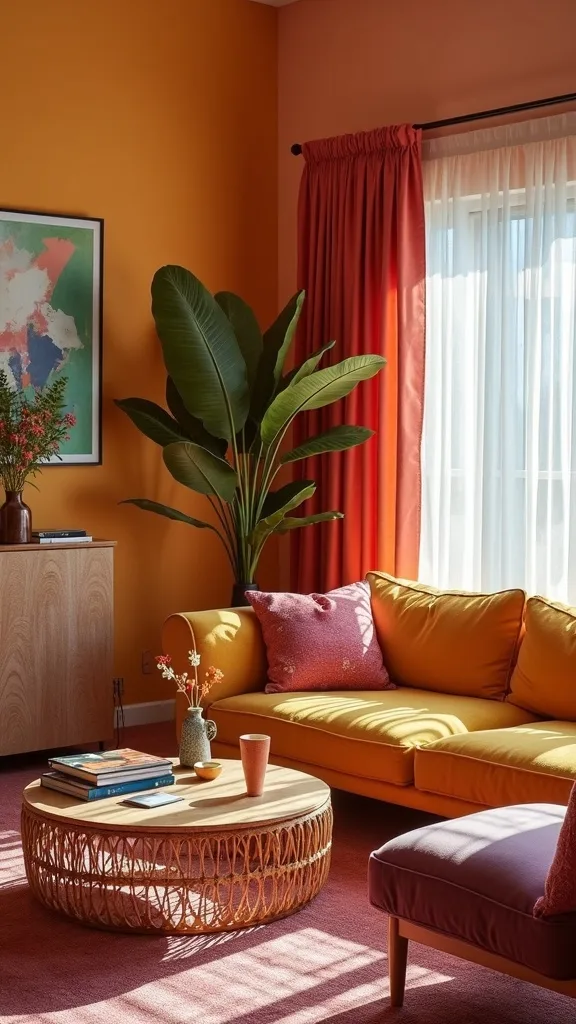 Use velvet + linen + cane to make bright colours feel livable