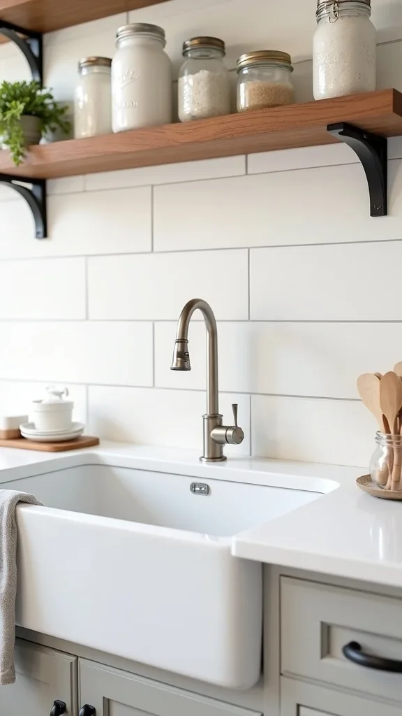 Style a White Apron Sink With Walnut Floating Shelves + Mason Jars