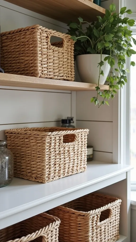 Use Woven Baskets on Shelves to Hide the Not-So-Pretty Stuff