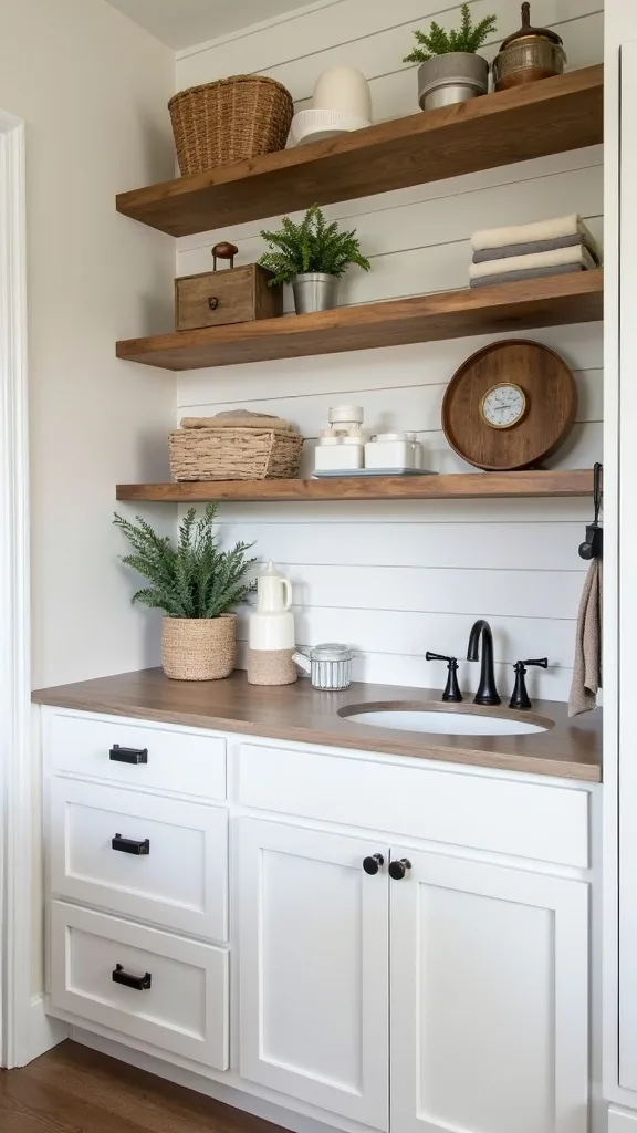 Swap Upper Cabinets for Open Wood Shelving in the “Work Zones” Only