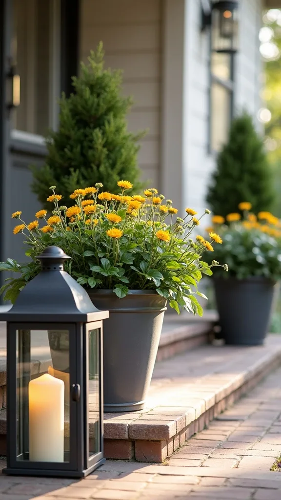Front Porch Flower Pots Paired with Lanterns for Evening Glamour