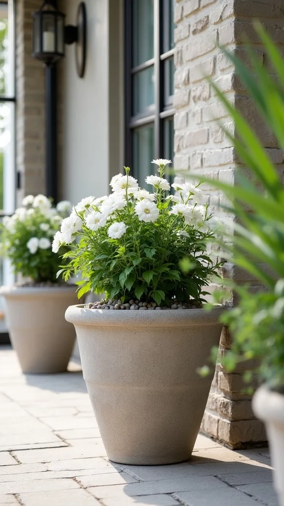 Front Porch Planters with River Rock Top-Dressing for a Clean Finish