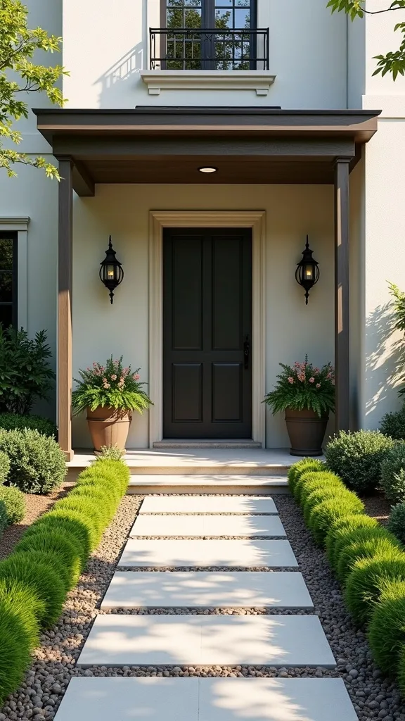 Define the entry with a symmetrical foundation planting plan