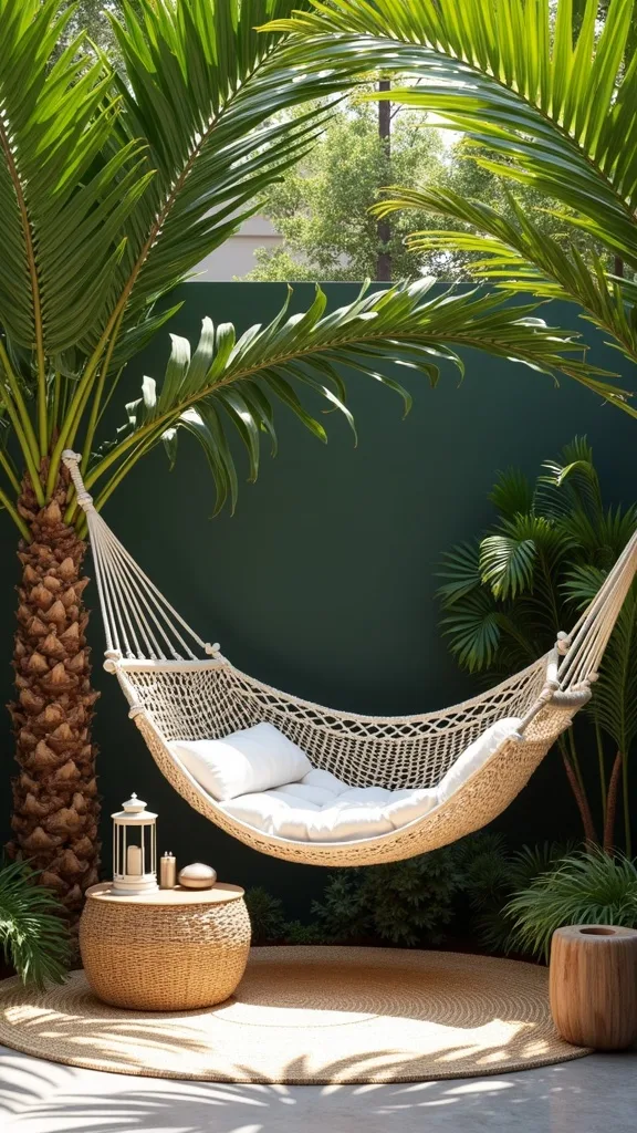 Cotton Rope Hammock Between Two Palms With Lanterns and a Tropical Border